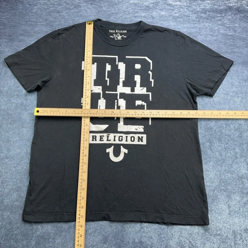 True Religion Mens World Tour Graphic T-Shirt Black White Horseshoe Large
